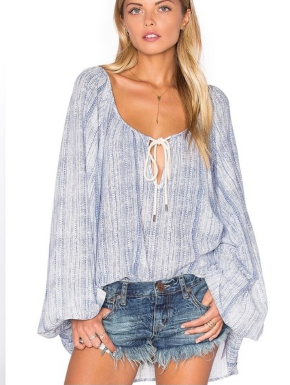 One Teaspoon OVERSIZED Boho Blue Stripe Peasant Blouse Balloon Sleeve Size XS
